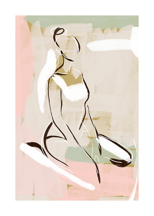  – Tegning, der forestiller en siddende kvinde tegnet i line art-stil, på en lyserød og lysegrøn baggrund