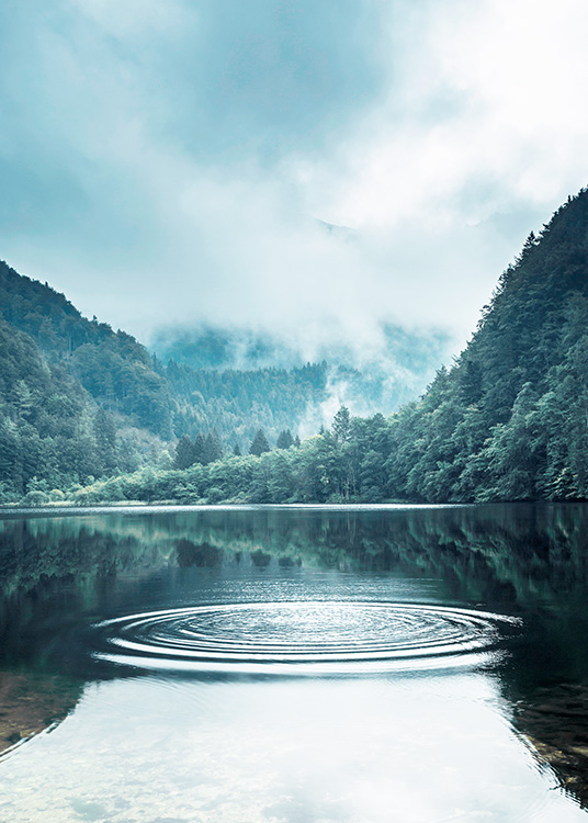  – Fotografi af ringe på vandet i en sø med en stor skov og tåge i baggrunden