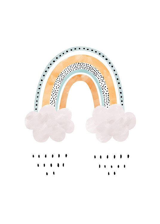  – Illustration, der forestiller en orange og blå regnbue med sorte prikker og to lyserøde skyer nederst