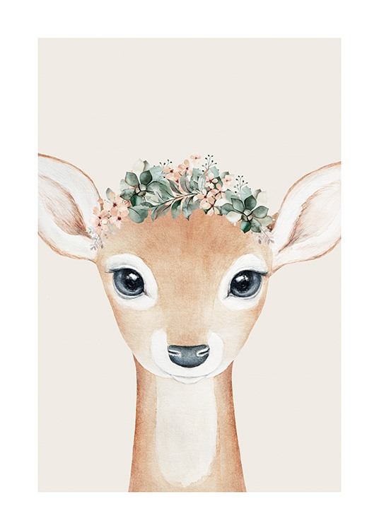  – Illustration, der forestiller et hjortekid med blå øjne og en blomsterkrone, mod en beige baggrund