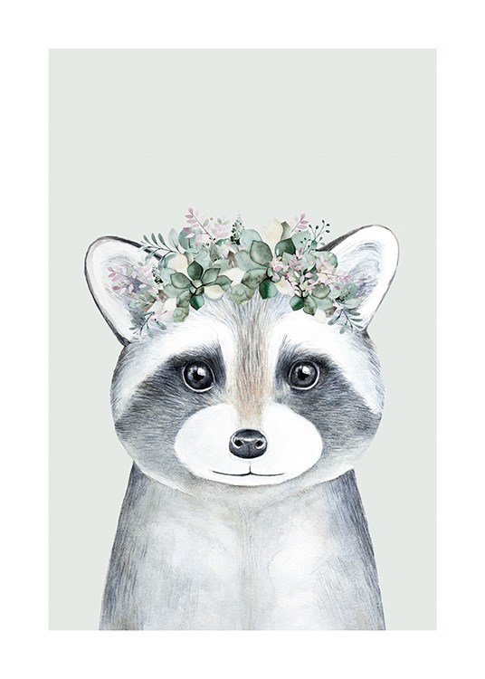  – Illustration med en grå vaskebjørnsunge, der har en blomsterkrone på hovedet, mod en lysegrøn baggrund