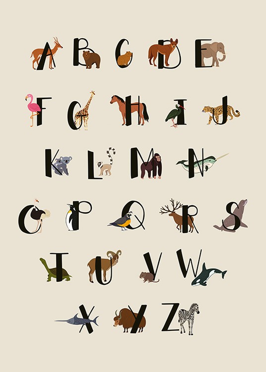  – Grafisk illustration med alfabetet i sort og et dyr bag hvert af bogstav