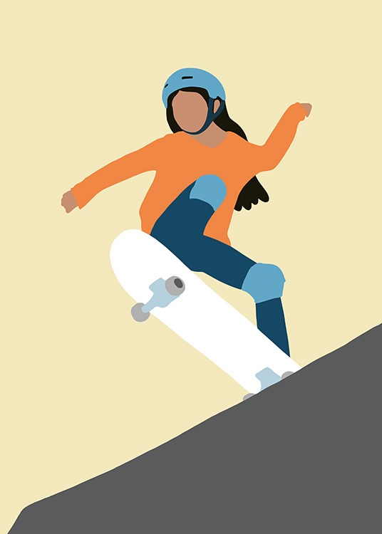  – Grafisk illustration med en pige, der kører på skateboard, iført en blå hjelm og orange bluse