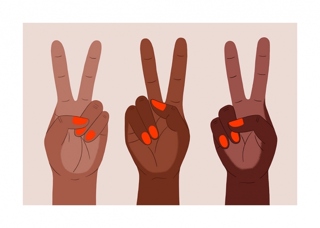  – Grafiske illustrationer, der forestiller hænder med rødmalede negle, som viser fredstegnet, på en lyserød baggrund