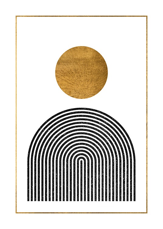  – Grafisk illustration med en gylden cirkel over en sort bue mod en hvid baggrund