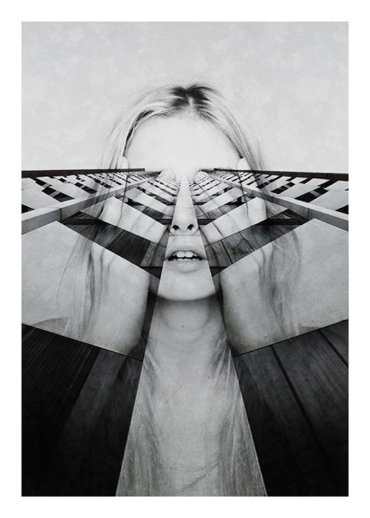  – Sort-hvidt fotografi af en kvinde, der holder hænderne for øjnene
