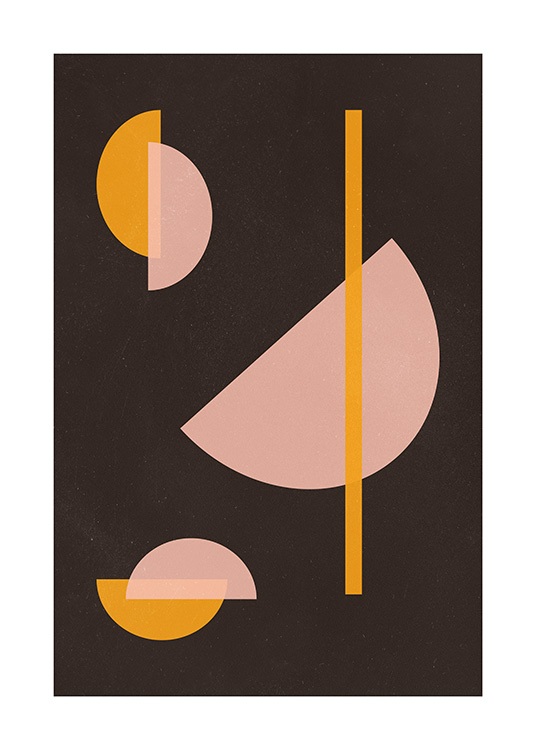  – Grafisk illustration med en streg og halvcirkler i orange og lyserødt på en brun baggrund