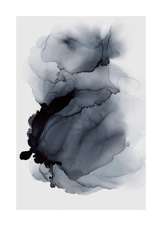  – Maleri med abstrakt flydende blæk i sort mod en lysegrå baggrund