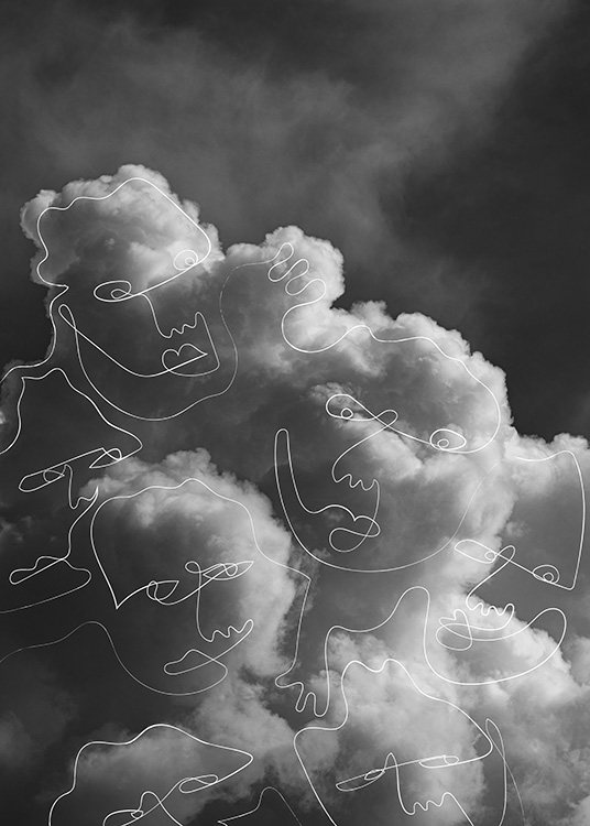  – Sort-hvidt fotografi af skyer dækket af abstrakte ansigter i hvid line art-stil