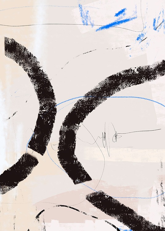  – Maleri med brede, abstrakte linjer i blåt og sort på en beige baggrund med malingtekstur