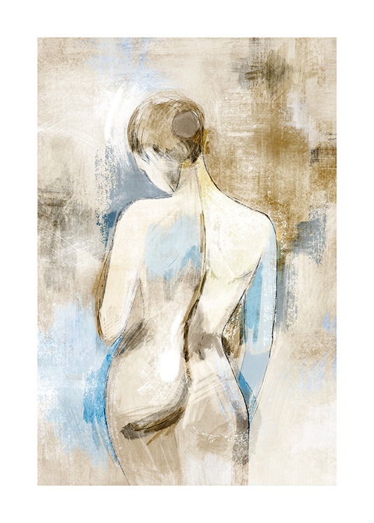  – Maleri af en nøgen kvinde set bagfra på en blå og beige baggrund