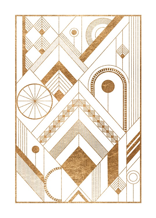  – Grafisk illustration med guldfigurer, der danner et mønster, på en hvid baggrund