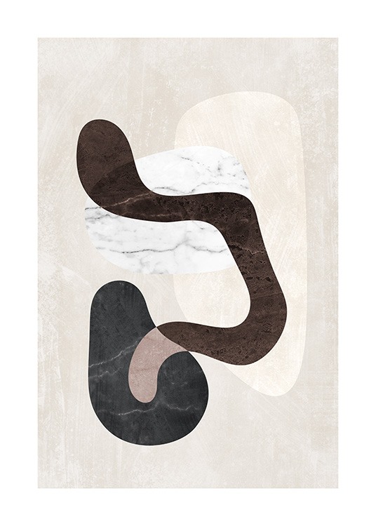  – Grafisk illustration med en række abstrakte figurer i beige, sort, hvidt og brunt med marmorstruktur