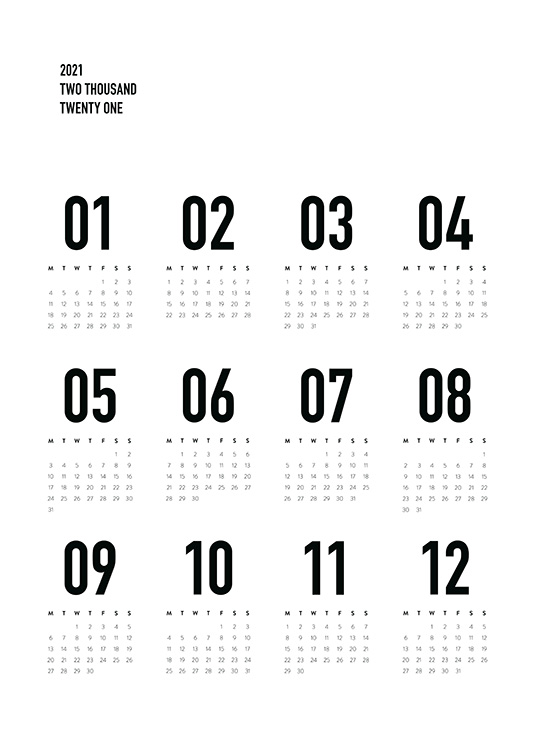Calendar 2021 B W Plakat Manedskalender Desenio Dk kalender plakat 2021