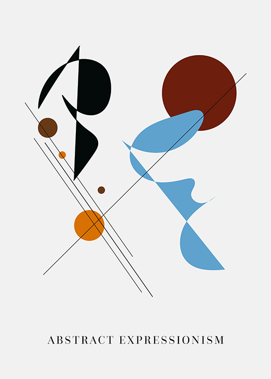  – Grafisk illustration med streger og abstrakte figurer i brunt, blå og sort på en lysegrå baggrund