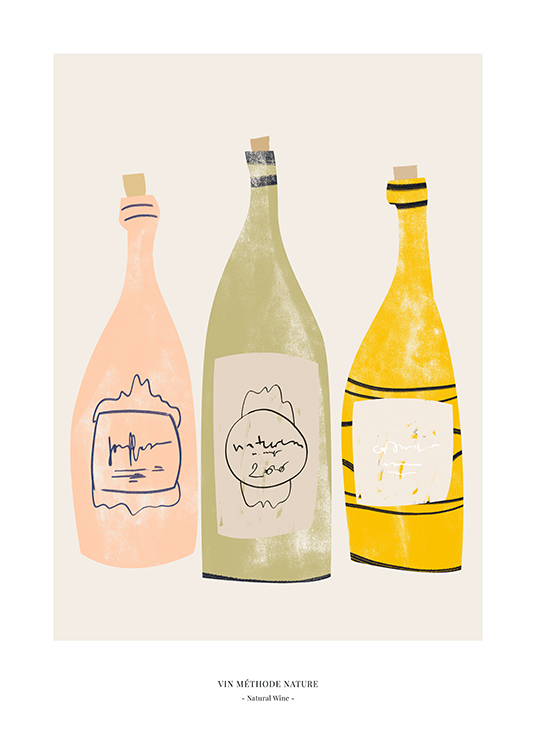  – Grafisk illustration med en lyserød, grøn og gul vinflaske på en beige baggrund og tekst underneden