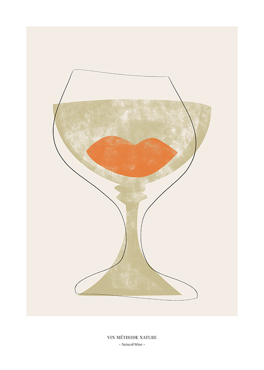  – Grafisk illustration med et grønt og orange abstrakt vinglas skitseret i sort på en beige baggrund