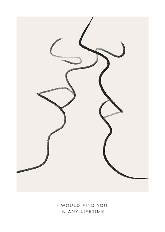  – Illustration med to ansigter i line art-stil, der næsten kysser, i sort på en beige baggrund og tekst nedenunder