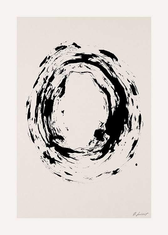  – Maleri med en cirkel malet med sort med en ujævn struktur på en beige baggrund