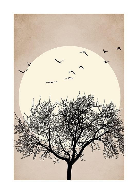  – Grafisk illustration, der forestiller et stort, sort træ med fugle over og en gul sol i baggrunden