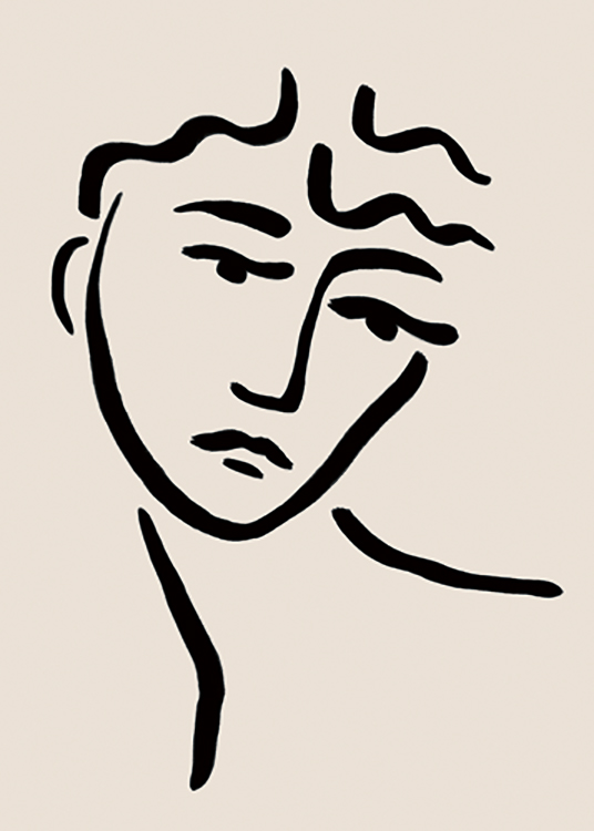  – Illustration med et ansigt tegnet i sort line art med tykke streger mod en beige baggrund