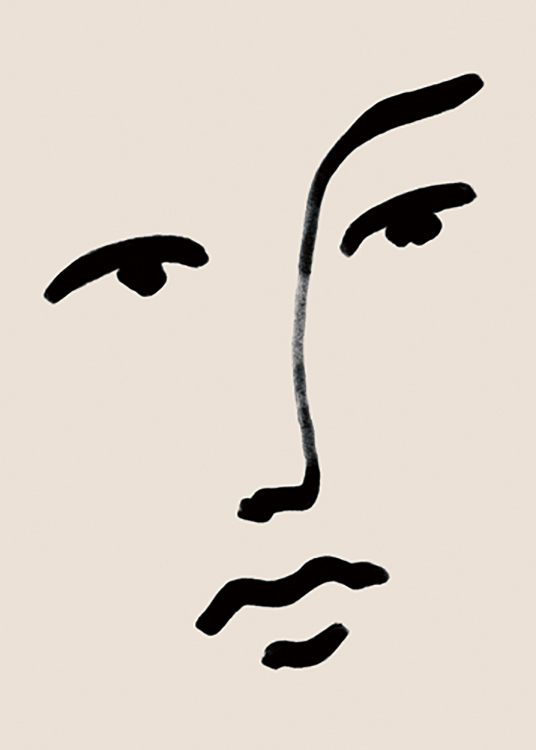  – Illustration med øjne, en næse og læber i sort line art mod en beige baggrund