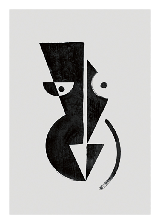  – Grafisk illustration med en sort, abstrakt krop dannet af geometriske former mod en grå baggrund