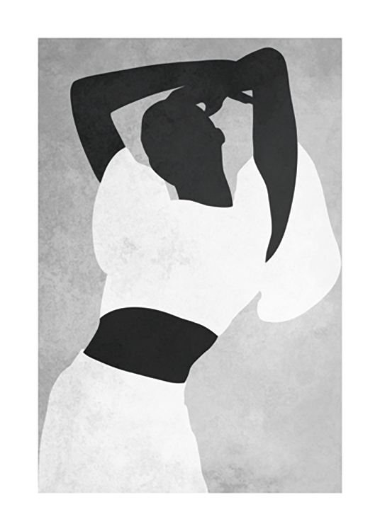  – Grafisk illustration af en kvinde i hvidt tøj med armene over hovedet, mod en grå baggrund