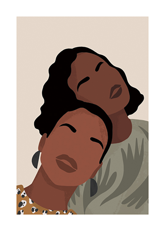  – Grafisk illustration med to kvinder med mønstrede toppe og sort hår, der læner sig op ad hinanden
