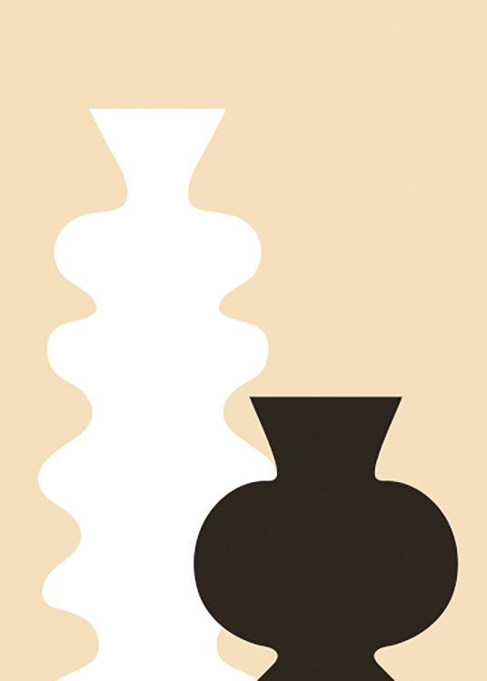 – Grafisk illustration af et par sort-hvide vaser med buede silhuetter på en gul baggrund