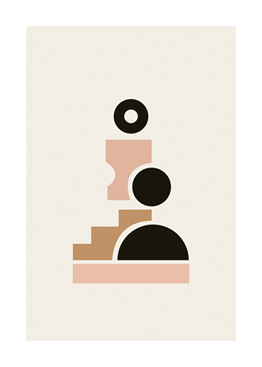 – Grafisk illustration med spredte geometriske figurer i sort, brun og lyserød, der danner en figur på en baggrund i lys beige