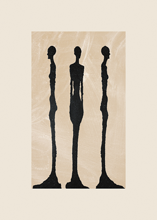  – Grafisk illustration med tre sorte skulpturer ved siden af hinanden mod en beige baggrund