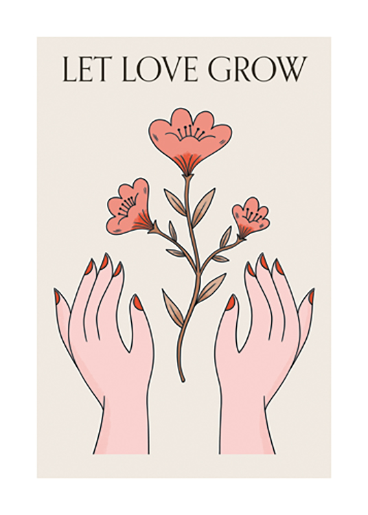  – Grafisk illustration af røde blomster mellem et par hænder mod en beige baggrund, med tekst ovenover