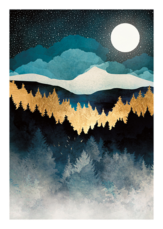  – Grafisk illustration af en skov med gyldne og blå træer og en måne og stjerner i baggrunden