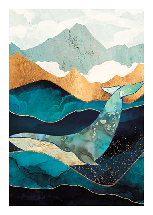  – Grafisk illustration af en hval i guld og blå, omgivet af bølger i blå og guld