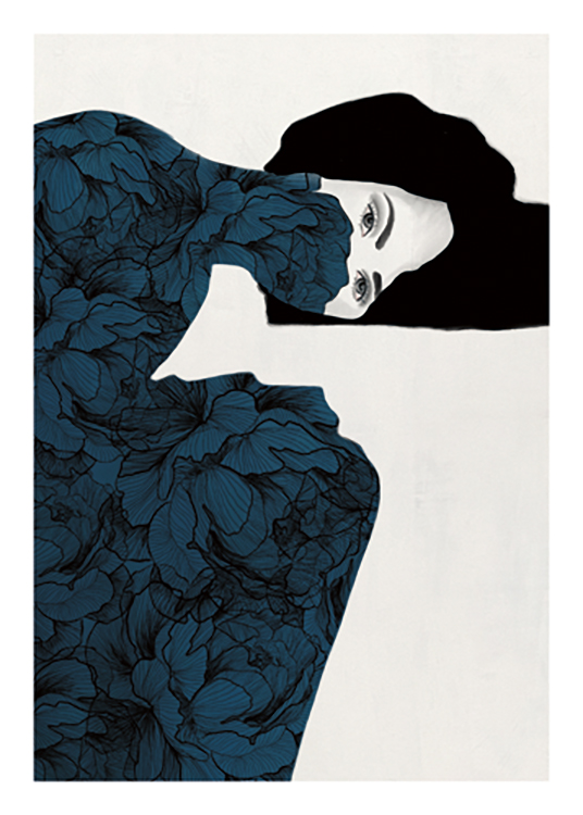  – Tegning af en kvinde dækket af et blå pæoner mod en lysegrå baggrund