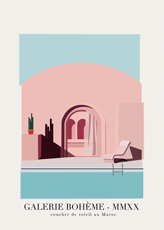  – Grafisk illustration af en pool foran et lyserødt hus med tekst i bunden