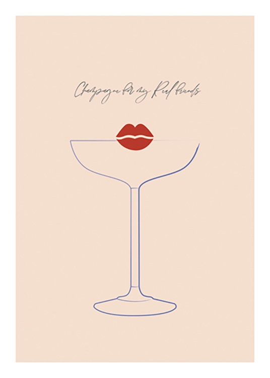  – Illustration af røde læber og et blåt martiniglas med tekst ovenover, mod en beige baggrund