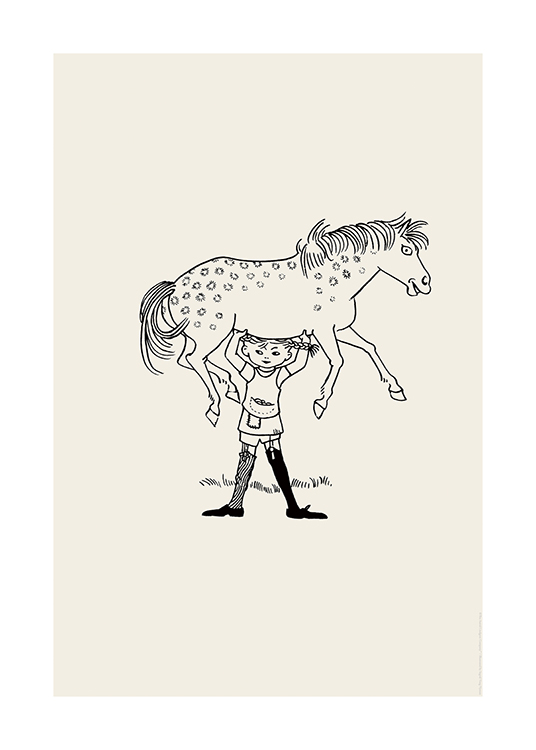  – Illustration med Pippi Langstrømpe, der holder sin hest over hovedet, tegnet med sort 
