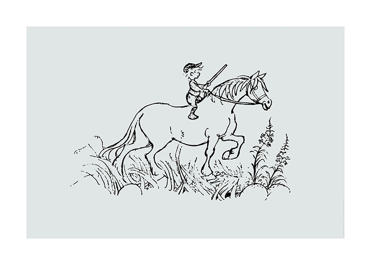  – Illustration i sort af Emil fra Lønneberg, der rider på sin hest, med græs og blomster i bunden