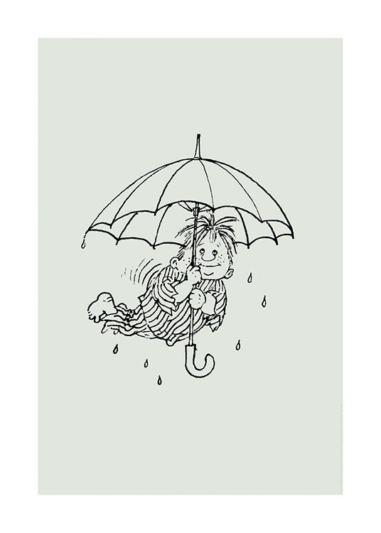  – Illustration med Karlsson på taget, der flyver med en paraply iført en stribet pyjamas