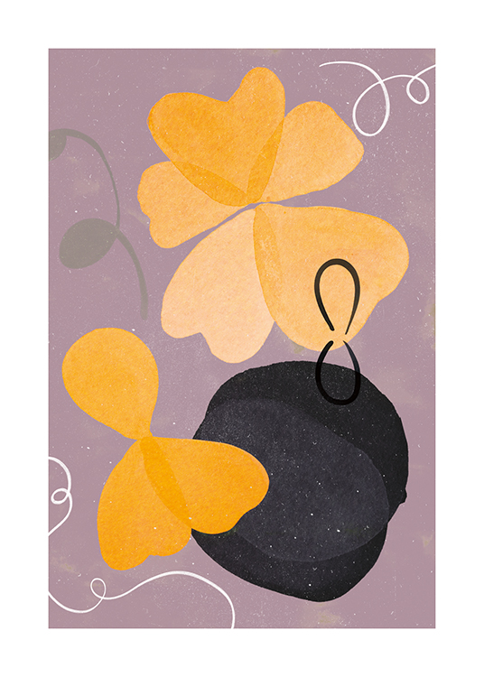  – Abstrakt illustration med gule og sorte blomster på en lilla baggrund
