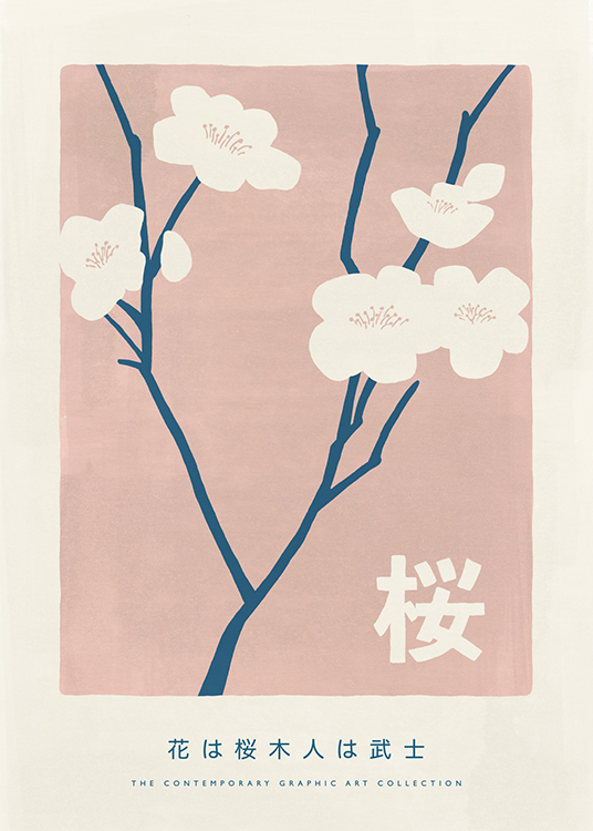  – Illustration med blomster i lys beige på blå stilke mod en lyserød baggrund og tekst nedenunder