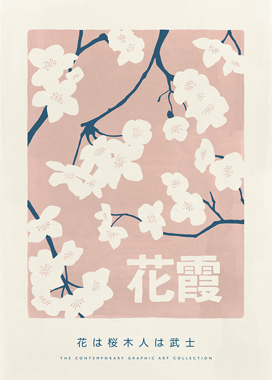  – Illustration med blomster i lys beige på blå stilke mod en lyserød baggrund og tekst nedenunder