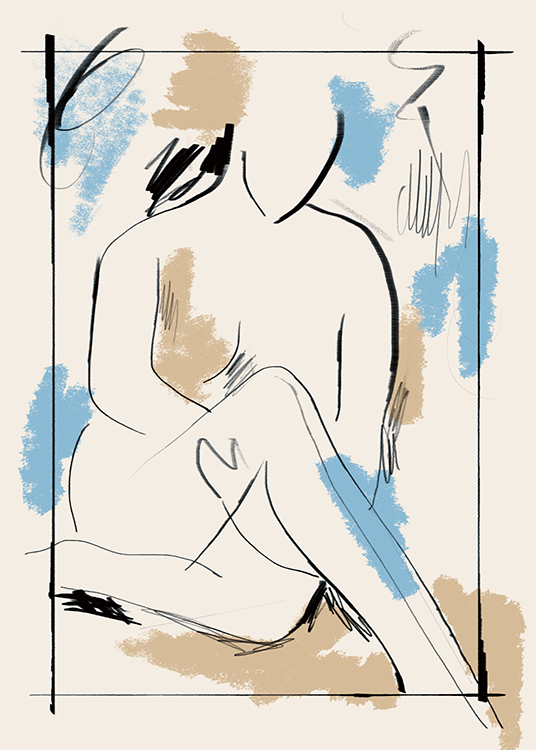  – Maleri med en siddende, nøgen krop samt blå, beige og sorte penselstrøg mod en lys beige baggrund