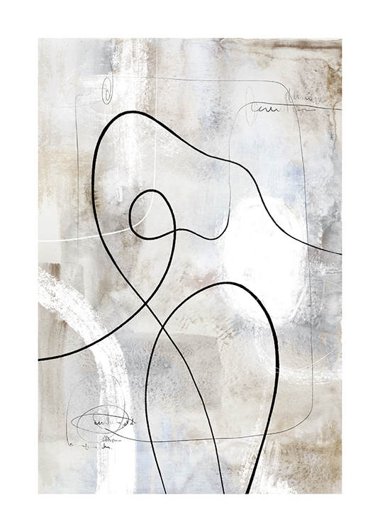 – Abstrakt maleri i grå og beige nuancer med abstrakte sorte streger og hvide linjer