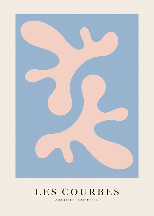  – Grafisk illustration med abstrakte, lyserøde figurer mod en baggrund i blå og lys beige
