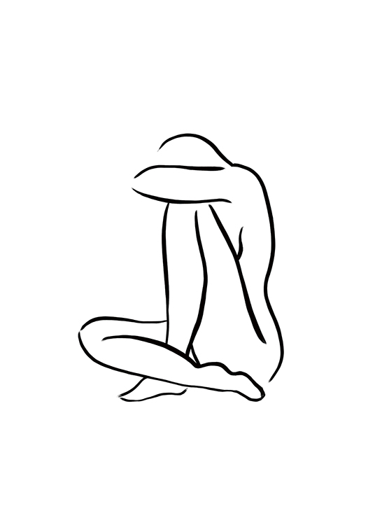  – Illustration i line art-stil med en nøgen, siddende kvinde i sort på en hvid baggrund