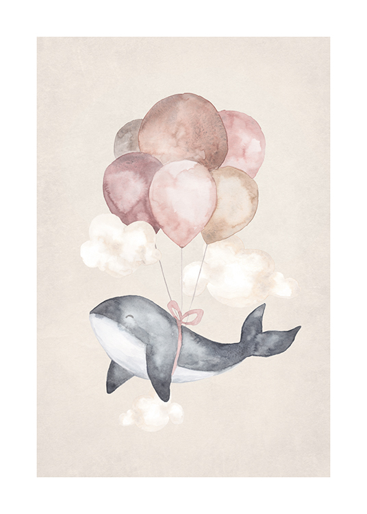  – Akvarel med en lille hval, der er bundet fast til balloner i lyserødt og hvidt, mod en beige baggrund