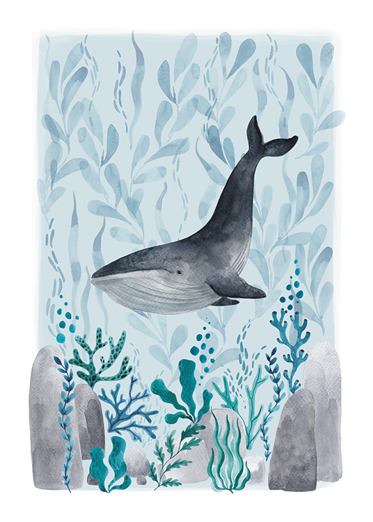  – Illustration malet som akvarel med en hval, der svømmer mellem blå og grønne planter, på en blå baggrund